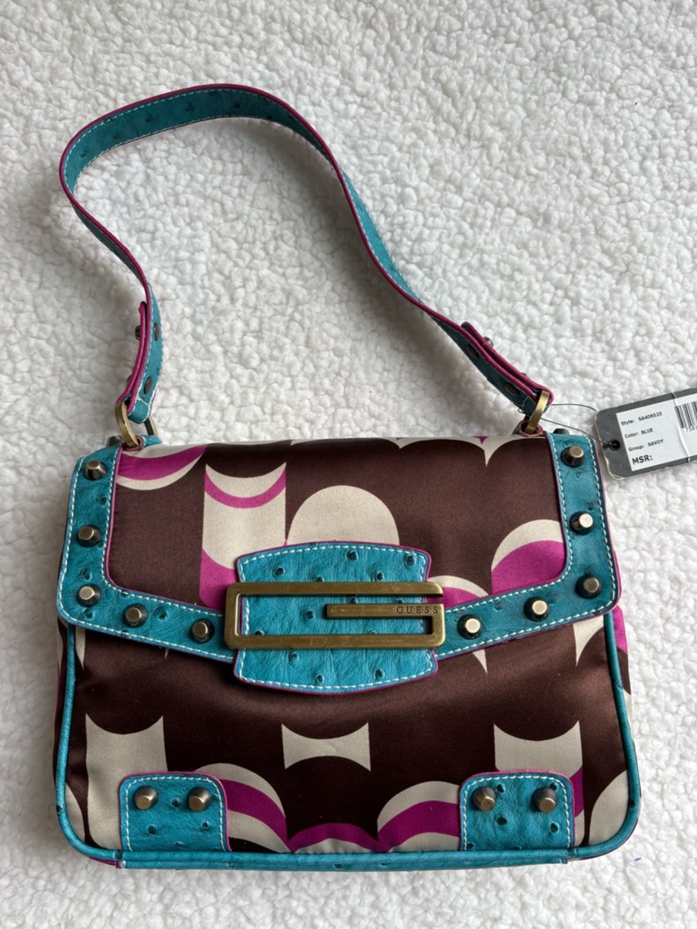 Guess NWT Vintage Y2K Blue Brown Pink Patterned G Logo Shoulder Bag